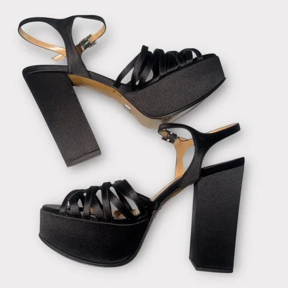 Marc Jacobs The Gram Sandal Women 8.5 Black Satin Formal Heel Platform Prom Rush - Picture 6 of 12